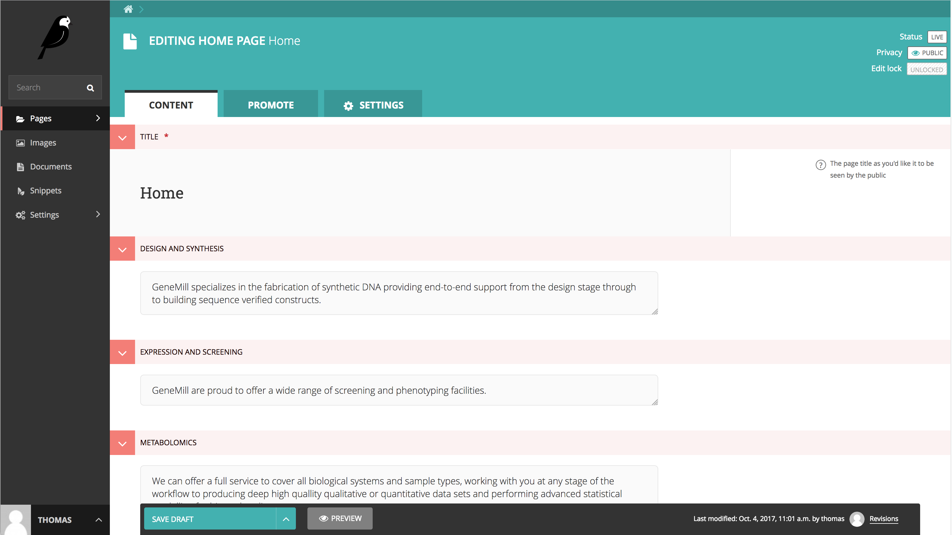 Screnshot of editing the home page in Wagtail CMS